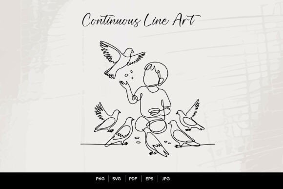 Child Feeding Birds Line Art