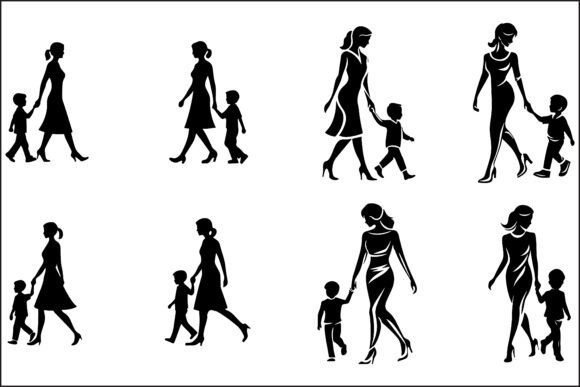 Mother and Child Walking Silhouettes
